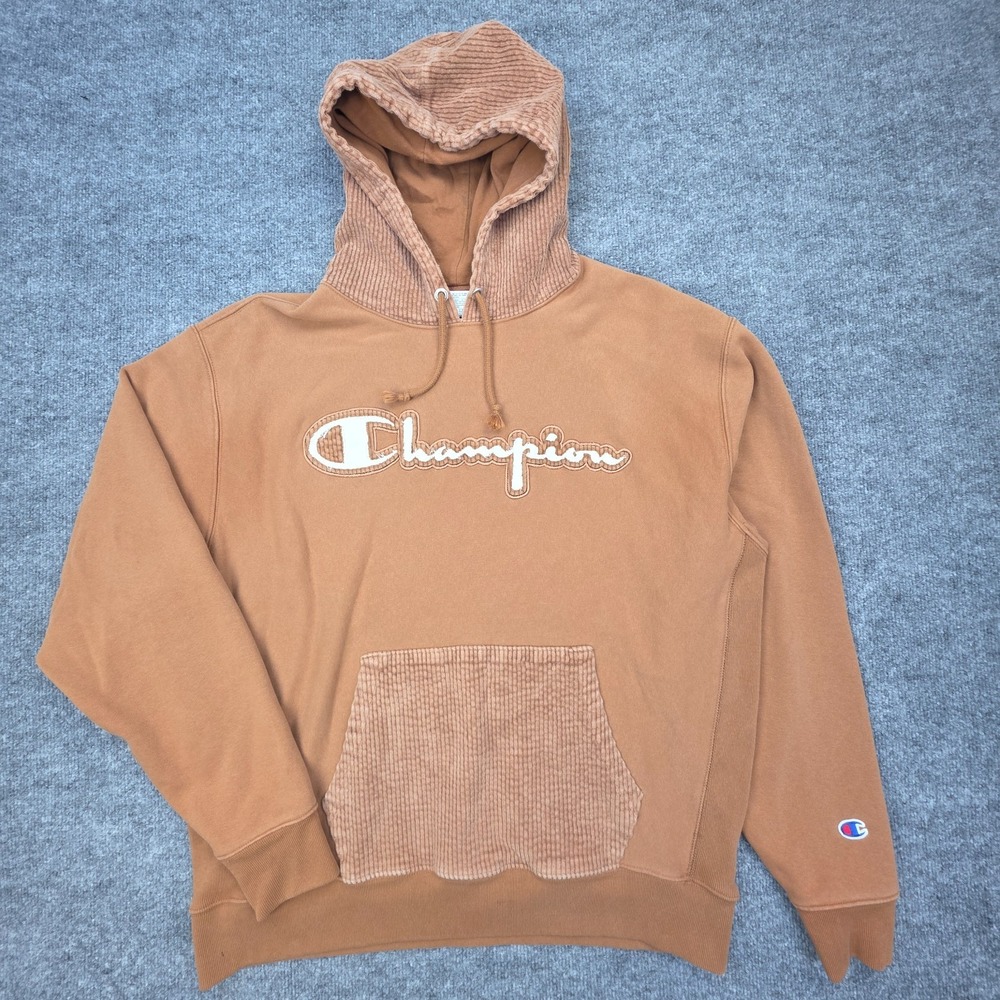 Vintage Corduroy Champion Hoodie Size XL Brown Drawstring Spellout Ribbed Y2K